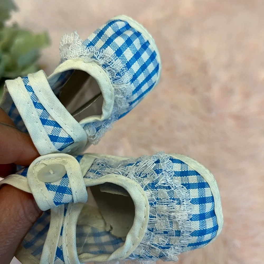Vintage Baby Girl White‎ Blue Gingham Lace Trim Mary Jane Crib Shoes Infant Sz 1